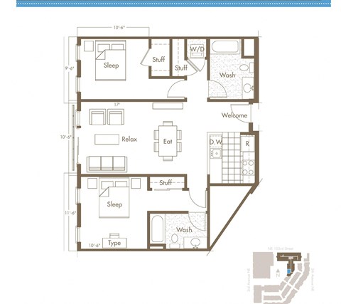 Floor plan for 2 beds, 2 baths, 956 sqft